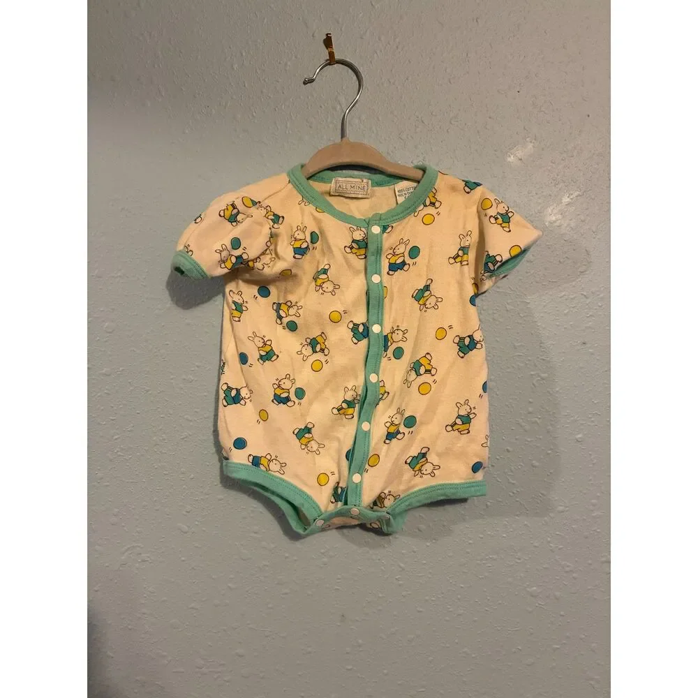 Vintage All Mine Baby Bunny Romper 90s Snap One Piece Pastel Rabbit Outfit